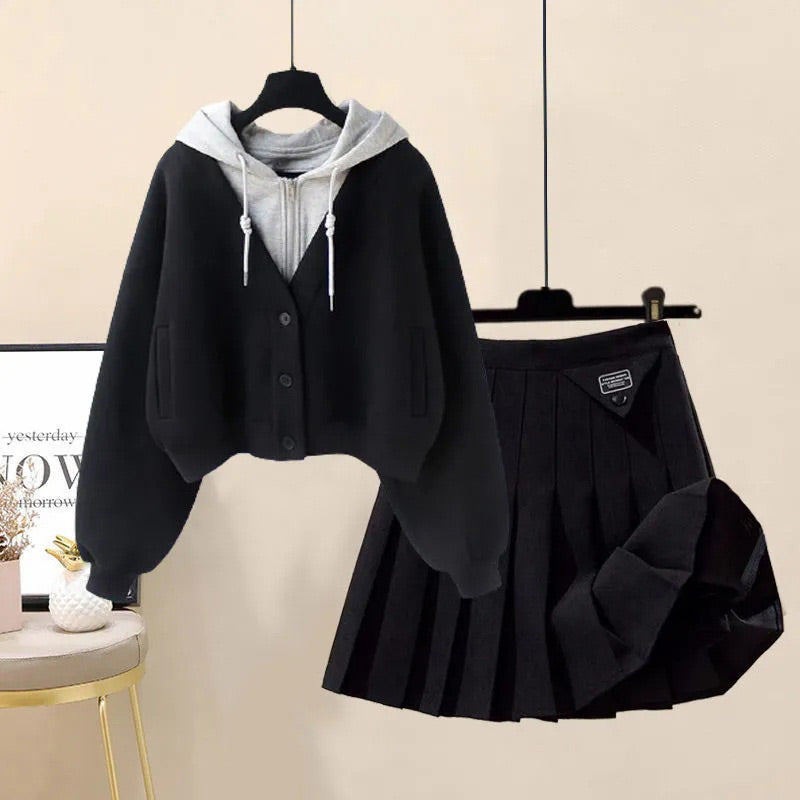 Casual Pocket Hoodie Pleated Skirt Set Modakawa