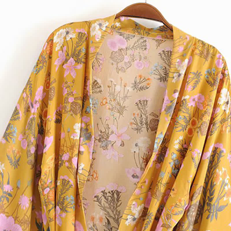 Boho Blossom Print Belt Cardigan Outerwear modakawa