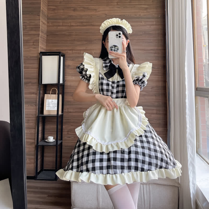 Sweet Bow Knot Ruffled Plaid Maid Dress Modakawa