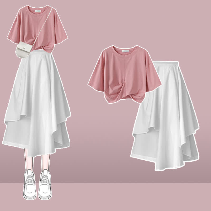 Bow Round Collar Bowknot Crop T-Shirt Irregular Skirt modakawa