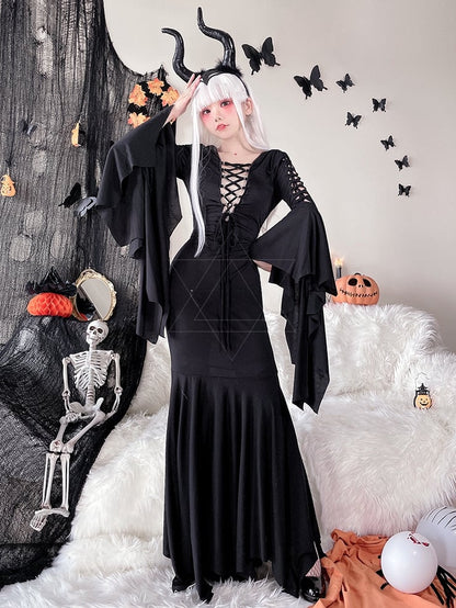 Halloween Costume Black Wide Bat Sleeves Witch Dress mySite