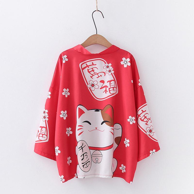 Charming Lucky Cat Sakura Print Loose Outerwear Kimono Modakawa