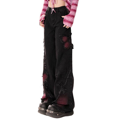 Black and Vermilion Butterfly Jeans Boogzel Clothing