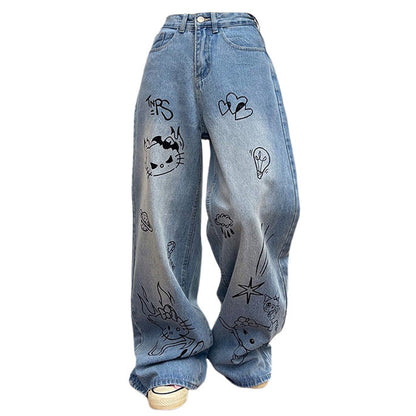 Blue Cat Print Jeans SpreePicky