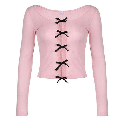 Bow Long Sleeve Split Top - S / Pink - Tops