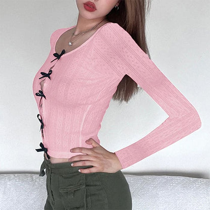 Bow Long Sleeve Split Top - Tops