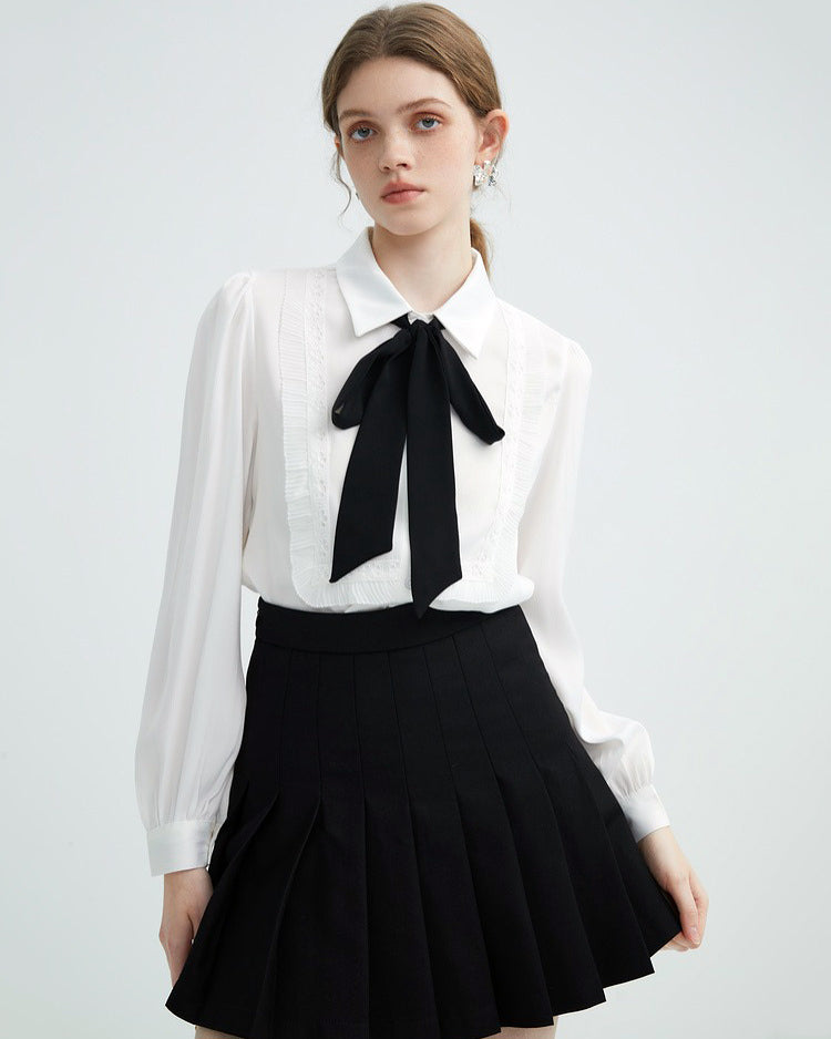 Elegant Ruffle Bow Tie Neck Shirt SpreePicky