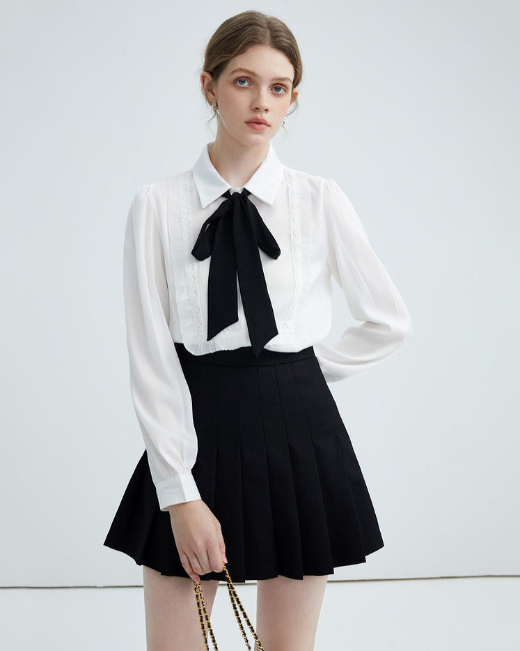 Elegant Ruffle Bow Tie Neck Shirt SpreePicky