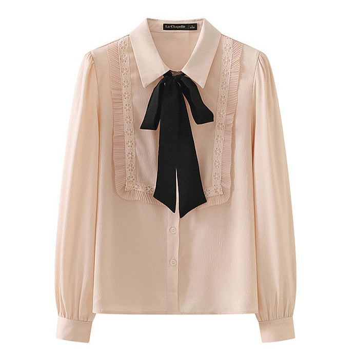 Elegant Ruffle Bow Tie Neck Shirt SpreePicky