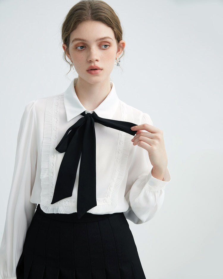 Elegant Ruffle Bow Tie Neck Shirt SpreePicky