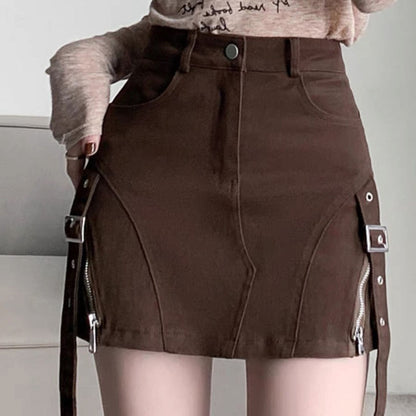 Brown Denim Buckle Skirt Boogzel Clothing