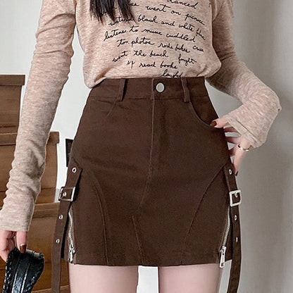 Brown Denim Buckle Skirt Boogzel Clothing