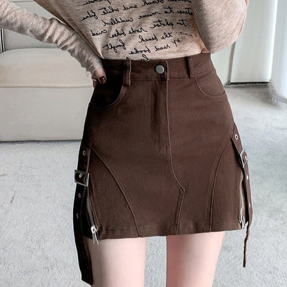 Brown Denim Buckle Skirt Boogzel Clothing