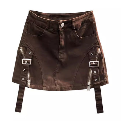 Brown Denim Buckle Skirt Boogzel Clothing