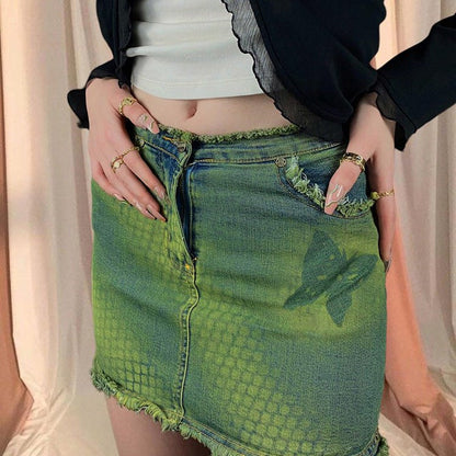 Green Butterfly Denim Skirt Boogzel Clothing