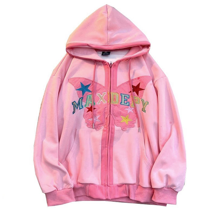 Butterfly Embroidery Zip Up Hoodie Boogzel Clothing