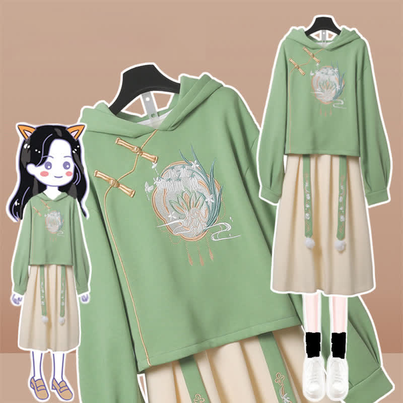 Exquisite Embroidery Buckle Long Sleeve Plush Hoodie Skirt modakawa