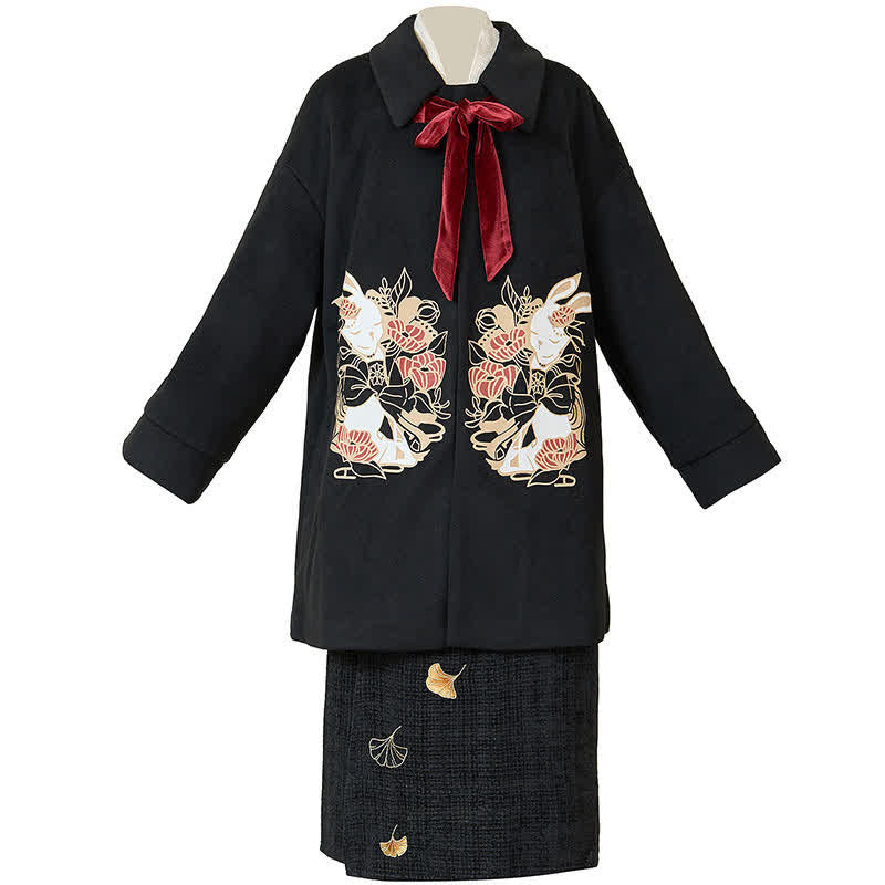 Elegant Bunny Embroideried Coat Shirt Floral High Waist Skirt modakawa