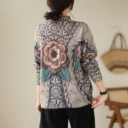 Retro Blossom Print Mock Tutleneck Sweater modakawa