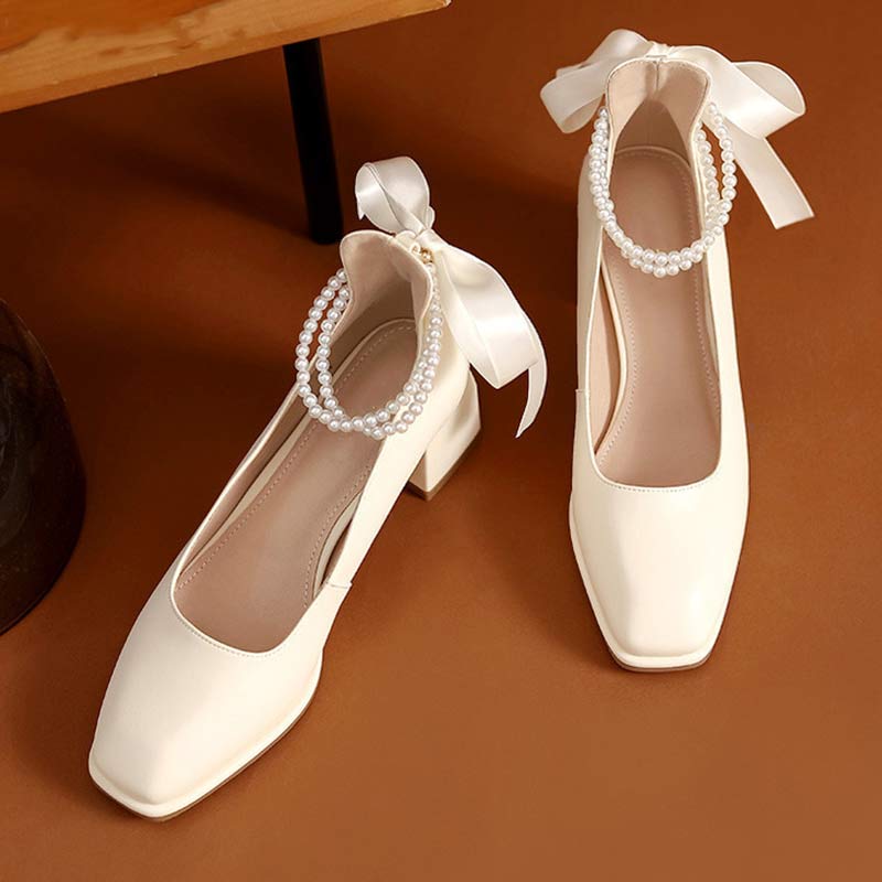 Elegant Pearl Bow High-heeled Shoes Modakawa