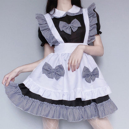 Kawaii Plaid Bow Tie Lolita Maid Ruffle Costume Dress Modakawa