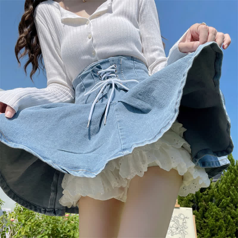 Sweet High Waist Lace Undershorts Lace-up Denim Skirt modakawa