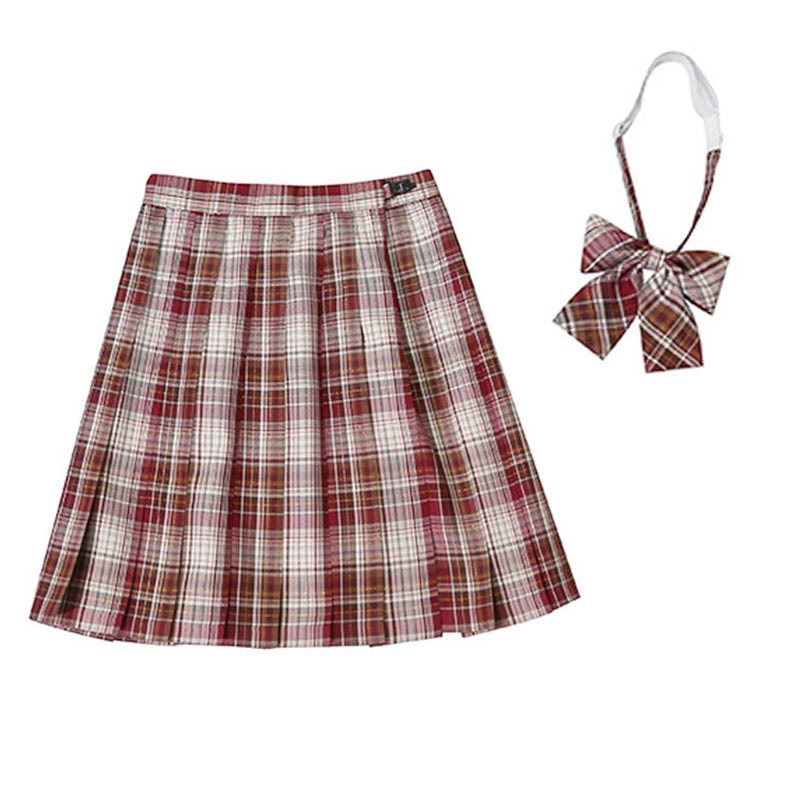 Plaid Print Pleated Skirt Bow Tie Set Modakawa