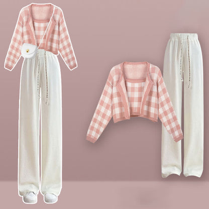 Pink Plaid Top Cardigan Sweater White Pants Set modakawa