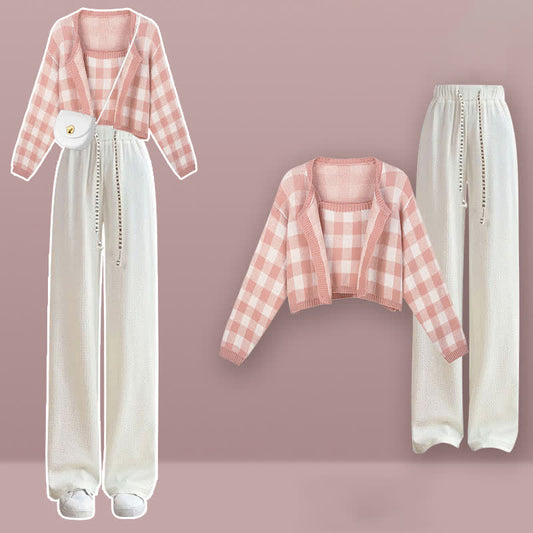 Pink Plaid Top Cardigan Sweater White Pants Set modakawa