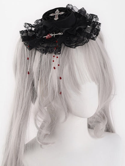 Black Rosette Bowknot Mini with Red Beads Hat mySite