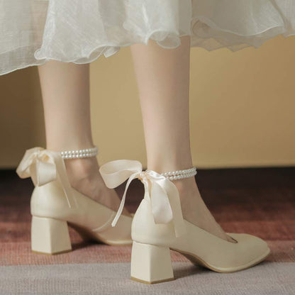 Elegant Pearl Bow High-heeled Shoes Modakawa