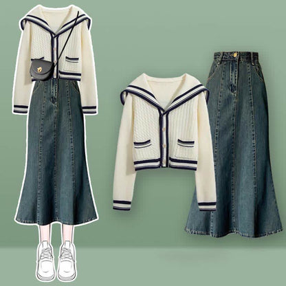 Sailor Collar Cable Sweater Slip Dress Denim Skirt Modakawa