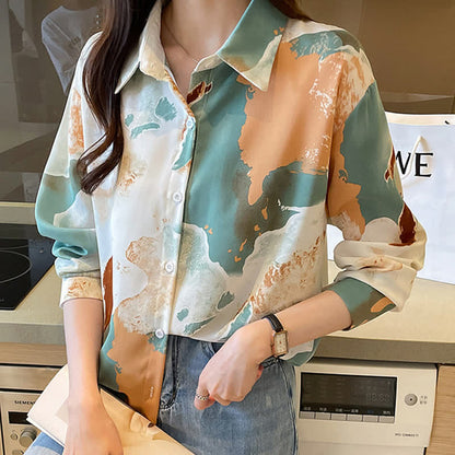 Sweet Colorblock Abstract Print Shirt Workwear modakawa