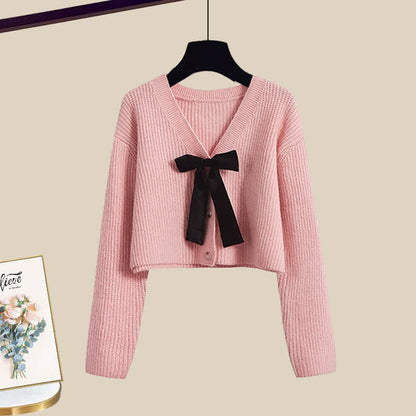 Pink Bow Knot Knit Cardigan Sweater Irregular Suspender Dress modakawa