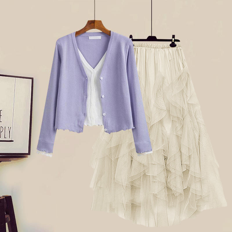 Colorblock Fake Shirt Tulle Tiered Skirt Set modakawa