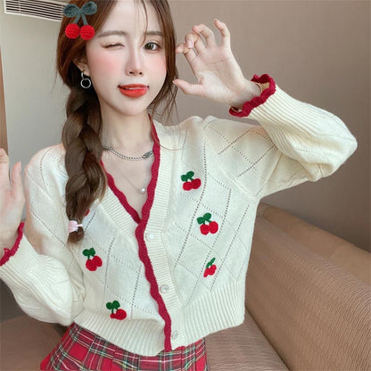 Cherry Embroidery Sweater Plaid Skirt Set Modakawa