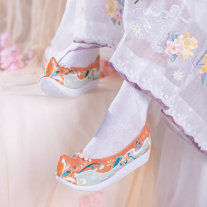 Sweet Retro Pearl Decor Floral Embroidery Shoes modakawa