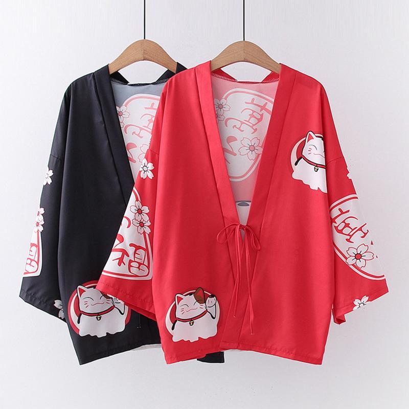 Charming Lucky Cat Sakura Print Loose Outerwear Kimono Modakawa