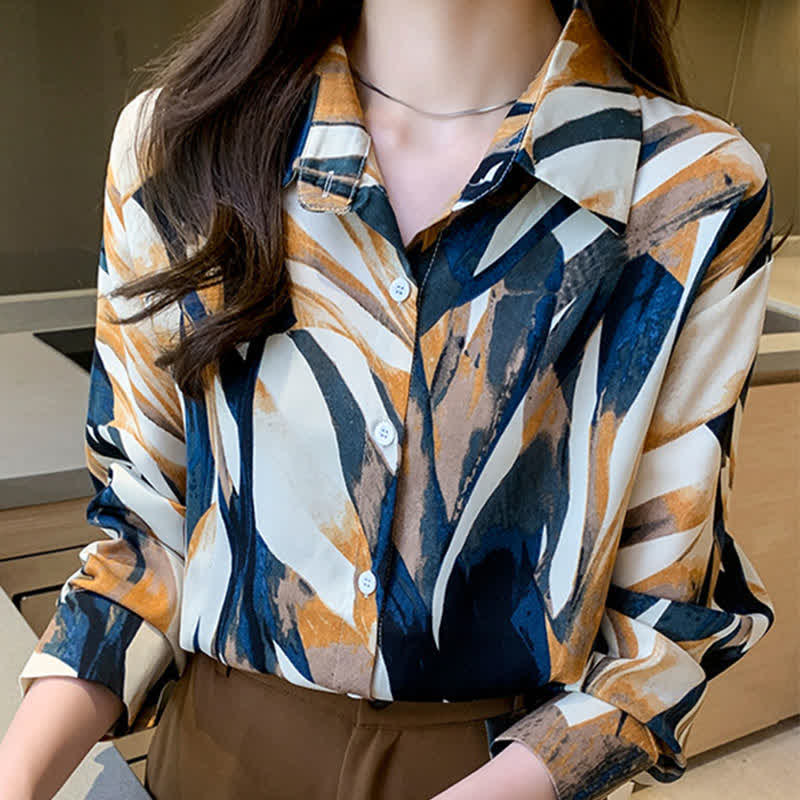 Elegant Colorblock Lapel Long Sleeve Chiffon Shirt modakawa