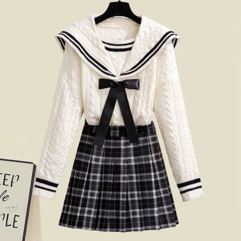 Sweet Sailor Collar Sweater Lattice Pleated Skirt Set Modakawa