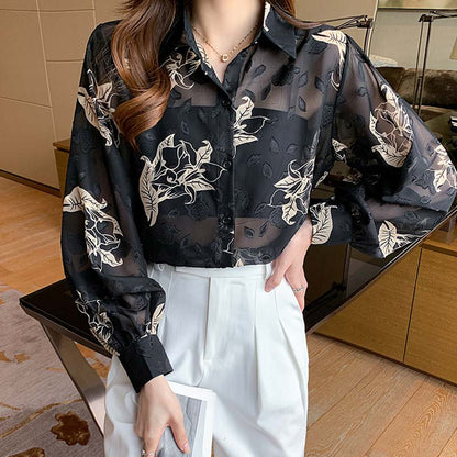 Black Floral Print Puff Sleeve Chiffon Shirt Modakawa