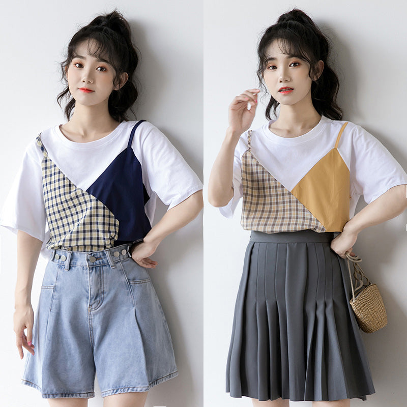 Sweet Plaid Color Block Fake Two Piece T-Shirt modakawa