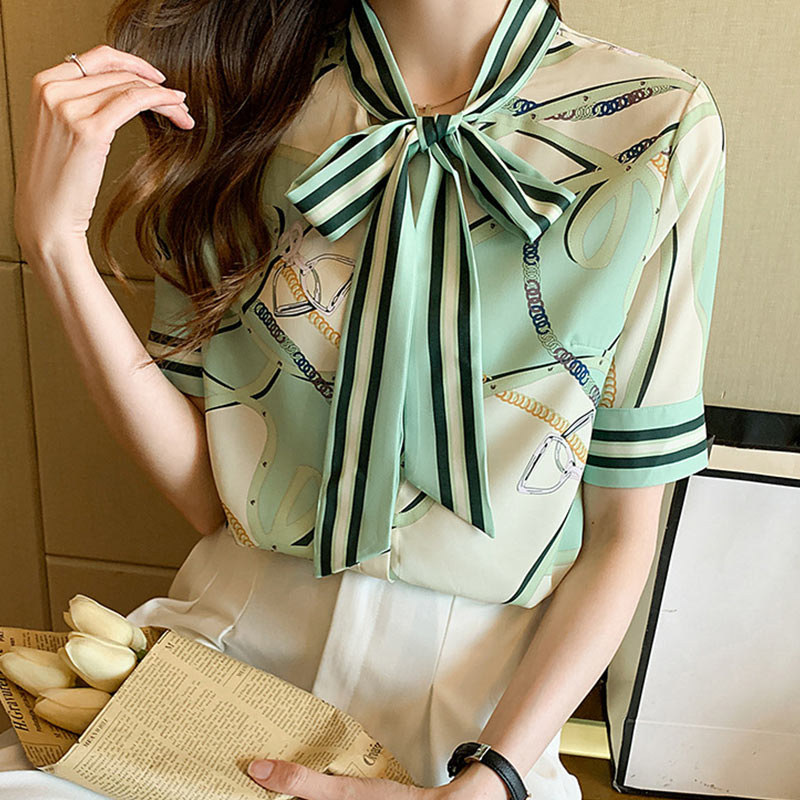 Print Bow Knote Loose Shirt Modakawa