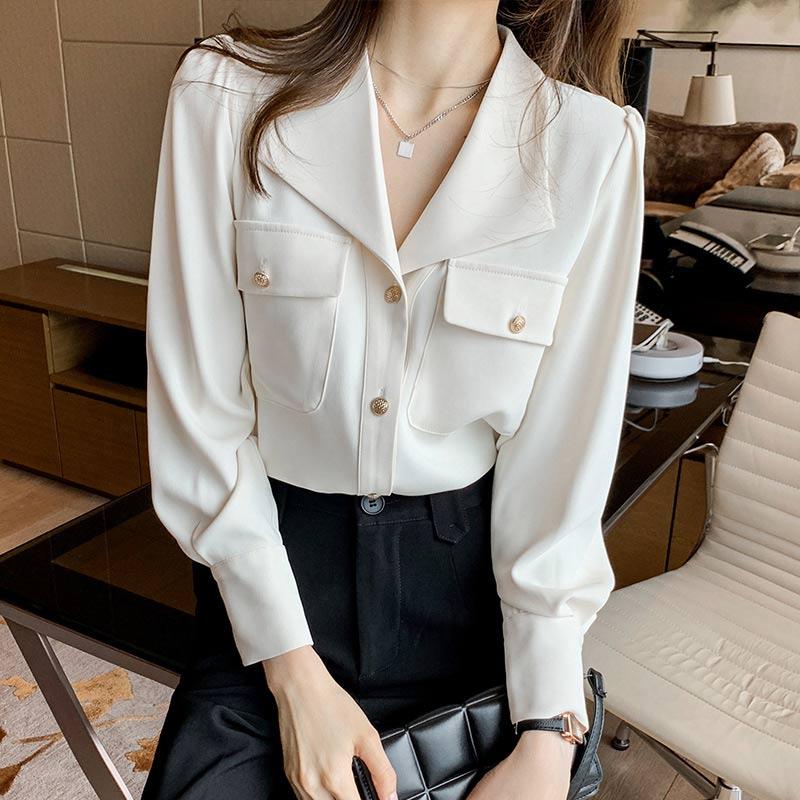 White Casual Lapel Neck Pocket Shirt Modakawa