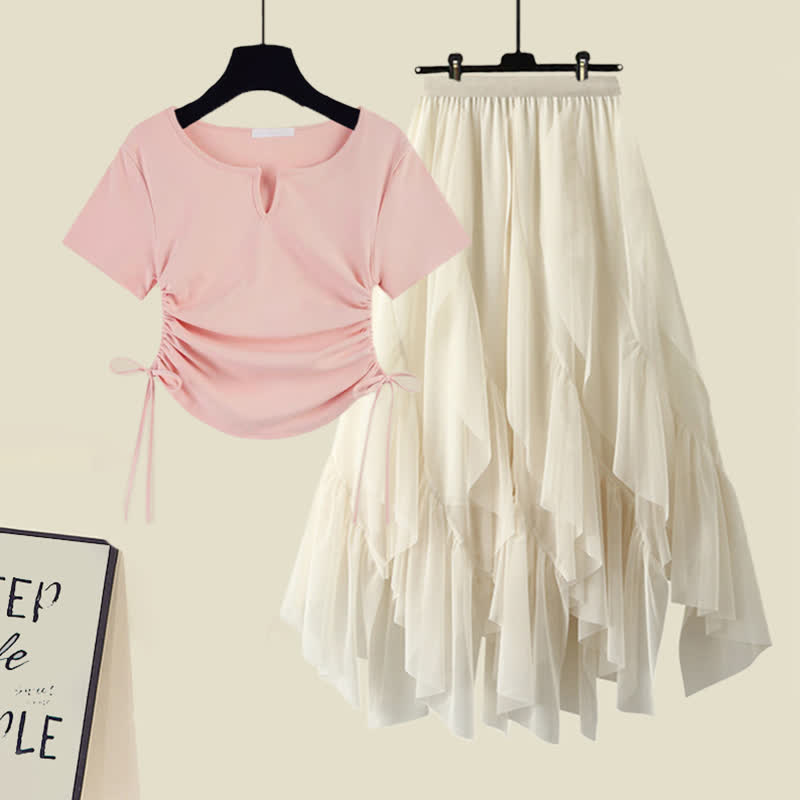 Lace Up Ruffled T-Shirt Tulle Tiered Skirt Set modakawa