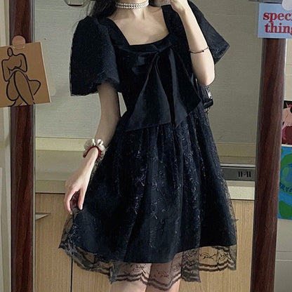 Black Lace Bow Knot Square Collar Tulle Dress modakawa