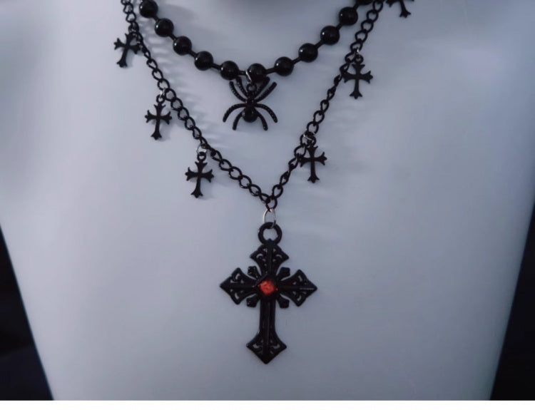 Spider Cross Pendant Black Triple Layered Necklace mySite