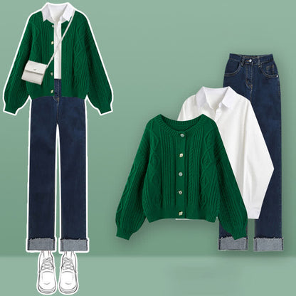 Cable Green Cardigan Sweater Lapel Shirt Denim Pants Set modakawa