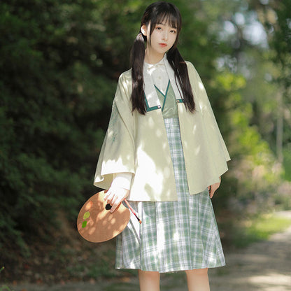 Sweet Bamboo Shirt Plaid Skirt Outerwear Set Modakawa