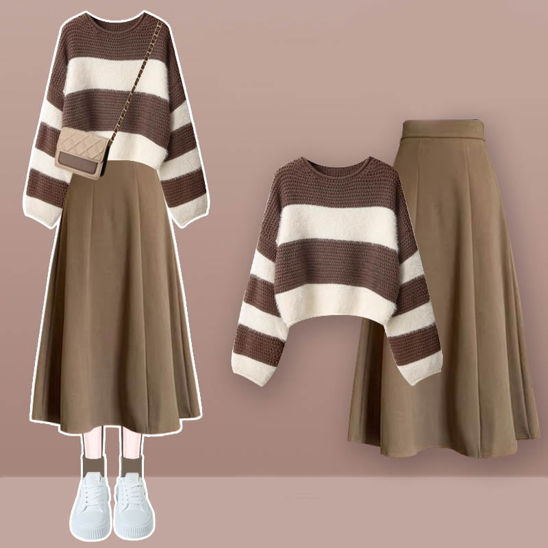 Brown Colorblock Stripe Sweater Plaid Print Skirt Modakawa